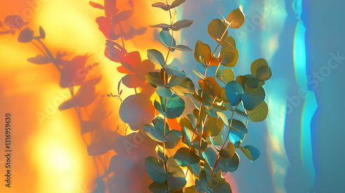 A vibrant display of leaves casting colorful shadows against a textured wall, creating a serene and artistic atmosphere.