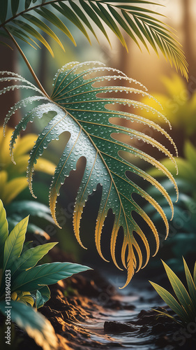 close-up of a dew-covered leaf is showcased against a lush jungle backdrop, phone wallpaper