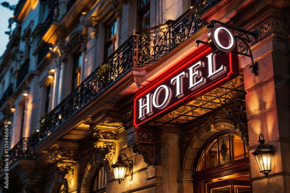 Hotel sign on an ornate building facade at night. Hotel sign on an ornate building facade at night.