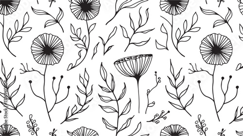 Luxury floral pattern with hand drawn leaves. Elegant white background in minimalistic linear style. with white background