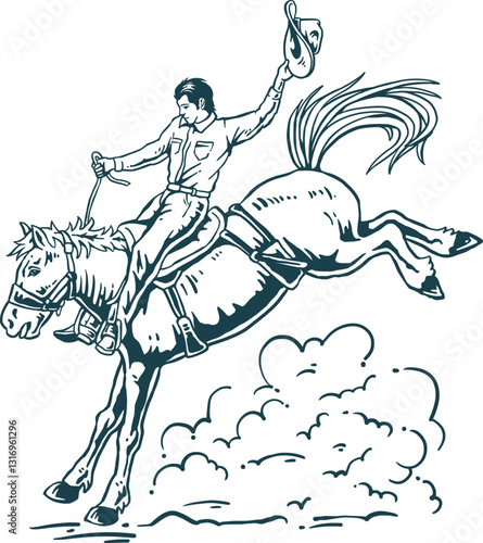 Retro cowboy vector, Vintage rodeo, Bucking horse, Western hand drawn, Cowboy silhouette.