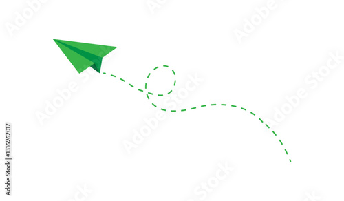 Paper airplane flying in a curved path against a plain white background. A green paper airplane is soaring through the air, tracing a dotted line in a playful manner.