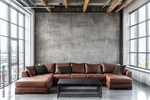 Wallpaper Mural A mid century modern interior design in a living room with exposed concrete walls and brown leather sofas. Generative AI
 Torontodigital.ca