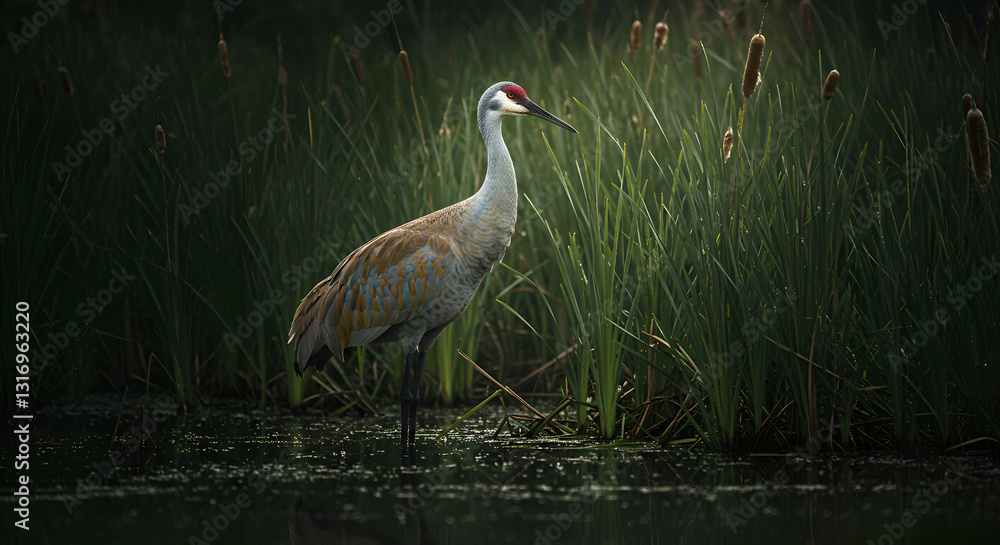 Naklejka premium Crane Posed in a Lush Marsh Environment