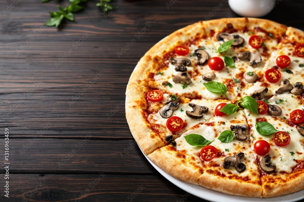 Freshly baked pizza topped with mushrooms, cherry tomatoes, and basil leaves on a dark wooden background. Freshly baked pizza topped with mushrooms, cherry tomatoes, and basil leaves on a dark wooden background.