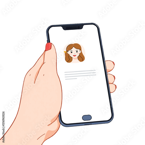 Hand holding smartphone and touching screen with text messaging. Female icon in chat. flat illustration