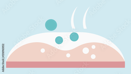 Scalp Nourishment A closeup of the scalp showing a healthy dermal layer. Exosomes are depicted as small bubbles promoting hydration and nutrient supply to the skin.