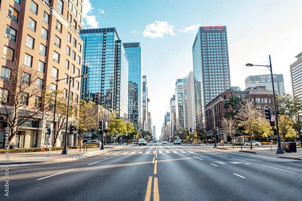 City street with modern skyscrapers and business buildings. City street with modern skyscrapers and business buildings.