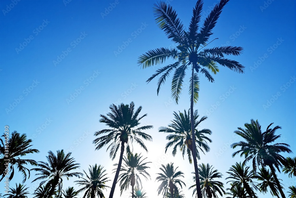 Silhouettes of palm trees against a clear blue sky. Silhouettes of palm trees against a clear blue sky.