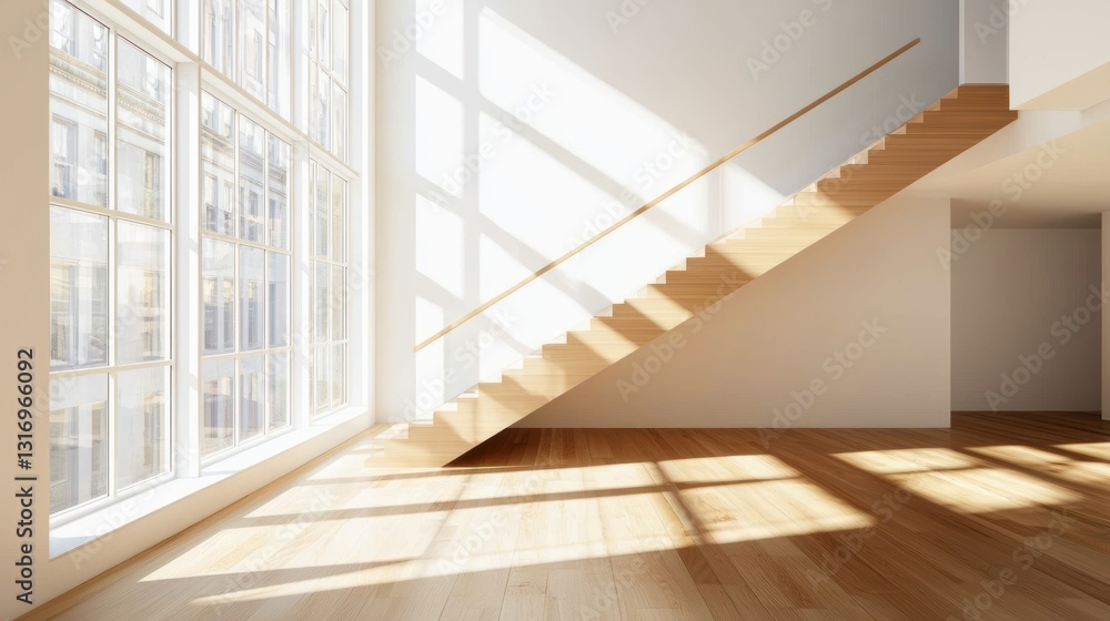 Obraz premium Sunlit modern apartment interior with wooden staircase and large window.