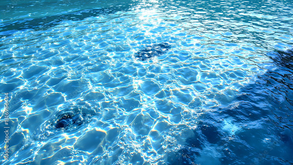 Obraz premium A sparkling blue water surface reflects sunlight, creating a tranquil and mesmerizing aquatic scene that evokes relaxation and beauty.