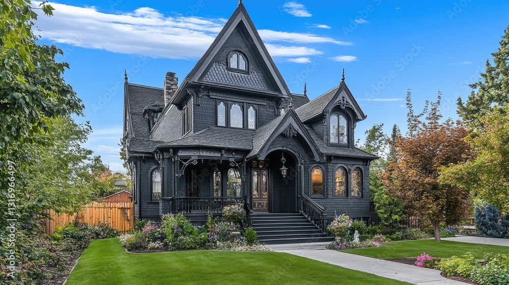 Fototapeta premium Quirky Victorian home with asymmetrical design, patterned shingles, and a dramatic front staircase.