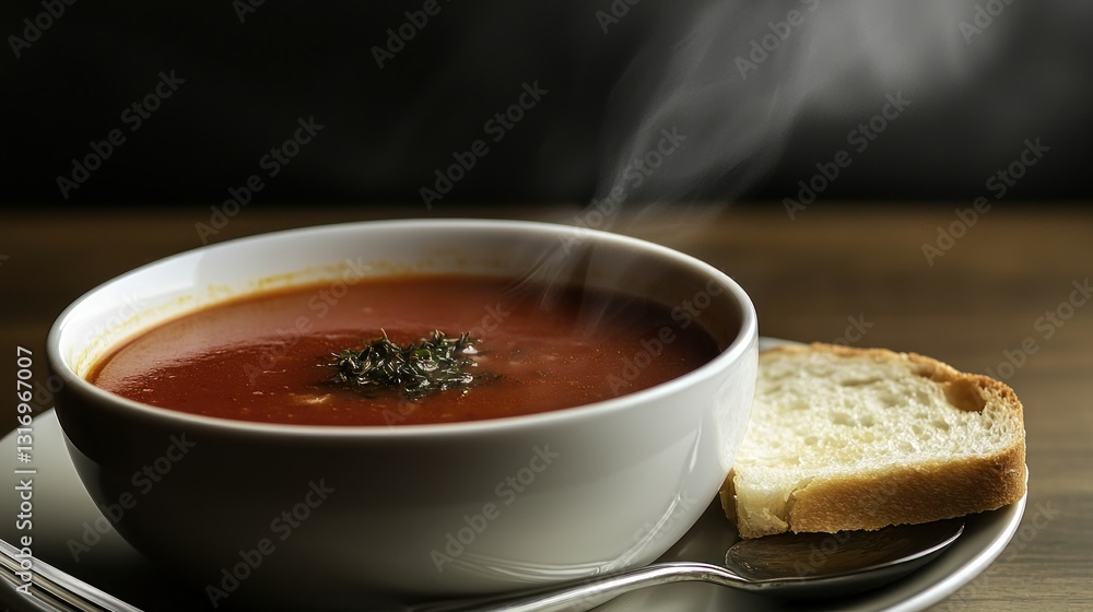 Steaming bowl of tomato soup with bread. Steaming bowl of tomato soup with bread.