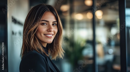 Wallpaper Mural Beautiful Smiling Business Woman in Business Suit at Office Window, Professional Profile Picture, Minimalist Interior Torontodigital.ca