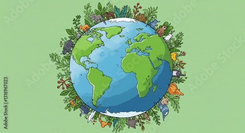 Green Earth with Flowers and Trees in a 3D Globe Illustration