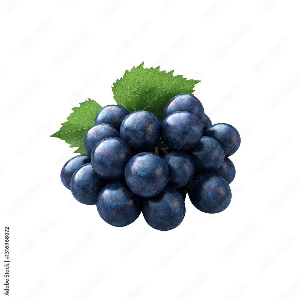 Fototapeta premium Lush Cluster of Dark Blue Grapes with Green Leaves