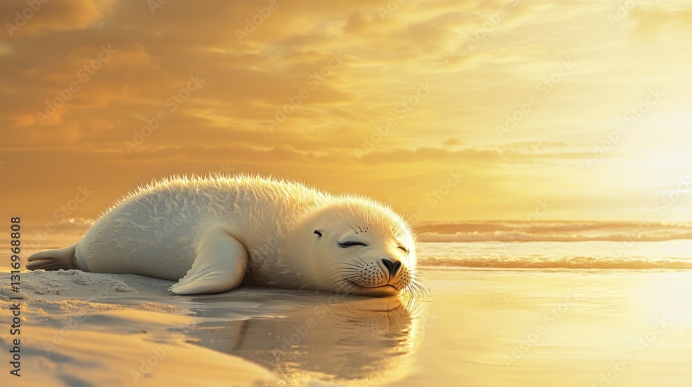 Naklejka premium Sleeping seal pup on beach at sunset.