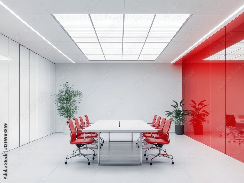 Fototapeta premium Modern red and white minimalist meeting room interior.