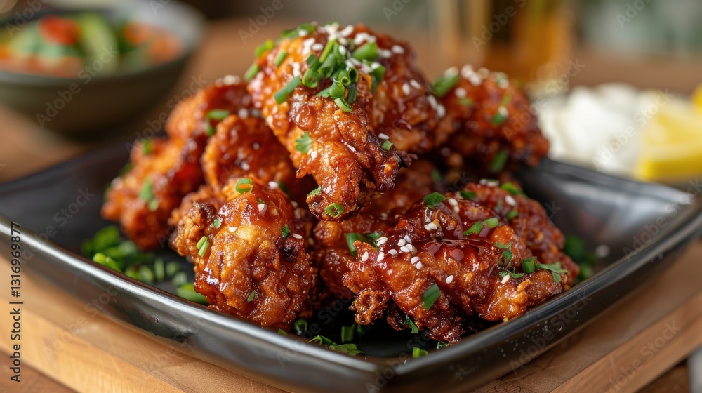 Fototapeta premium Deliciously Crispy Chicken Wings Glazed in Sweet and Spicy Sauce Topped with Chopped Green Onions and Sesame Seeds