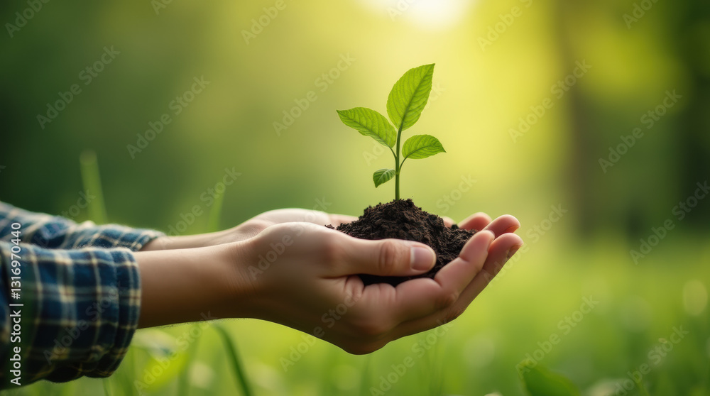Hands tenderly holding soil with a fragile green sprout, illustrating the connection between humans and nature. Hands tenderly holding soil with a fragile green sprout, illustrating the connection between humans and nature.