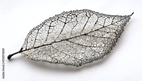 A delicate, translucent leaf showcasing intricate natural patterns against a white background.