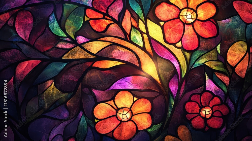 Decorative flowering vine patterns, intricate glowing stained glass details, high-resolution watercolor layering Decorative flowering vine patterns, intricate glowing stained glass details, high-resolution watercolor layering