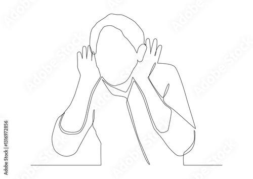 Continuous one line art of  a man who put his hand to his ear to hear better. Hearing problems, eavesdropping on gossip, poor communication. It can be used for animation.