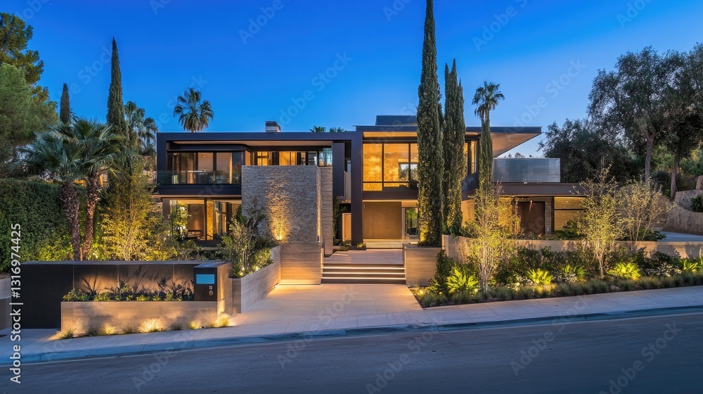 Sleek urban smart home with high-tech security features, motion lighting, and a futuristic entrance. Sleek urban smart home with high-tech security features, motion lighting, and a futuristic entrance.