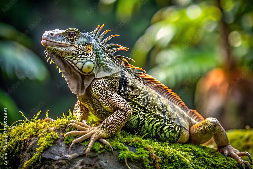 Fototapeta premium green iguana low angle view blur background