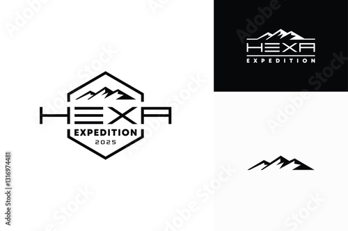 Simple Modern Mountain Landscape Logo Design, Rocky Ice Top Mount Peak with Hexagon