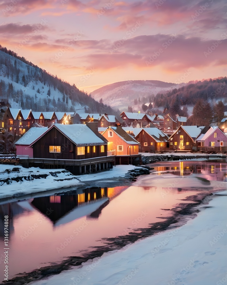 Fototapeta premium Enchanted Winter Village at Dusk