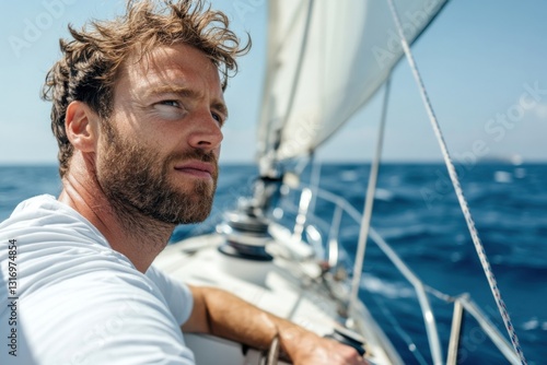 Man steering a sailboat across the open ocean on a sunny day, enjoying the serenity and freedom of sailing