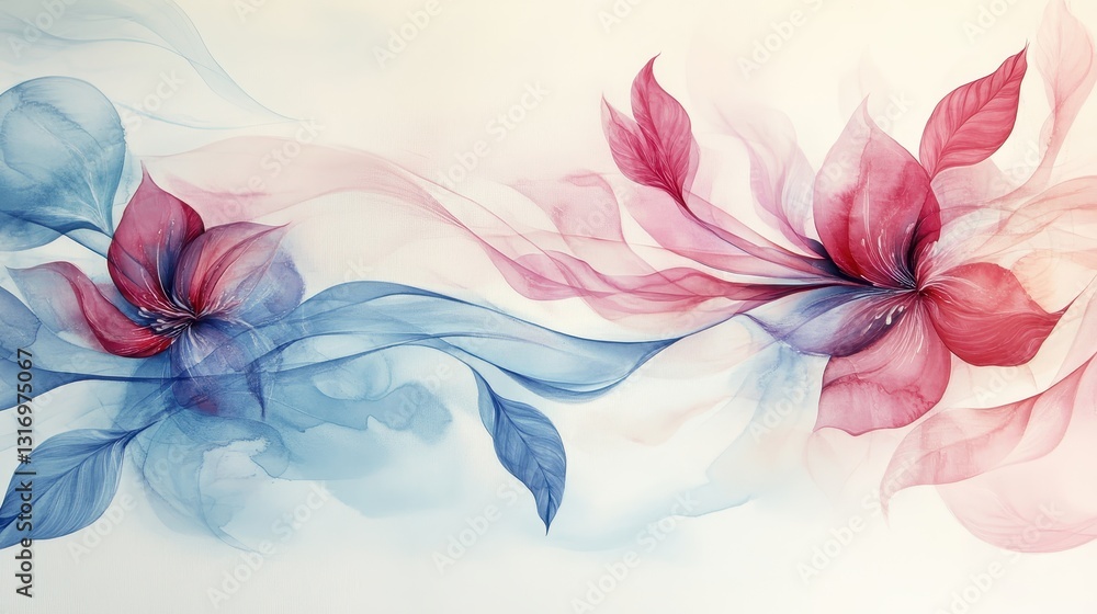 Elegant botanical swirls with ruby and sapphire petals, fluid watercolor effect, soft radiant highlights. Elegant botanical swirls with ruby and sapphire petals, fluid watercolor effect, soft radiant highlights.