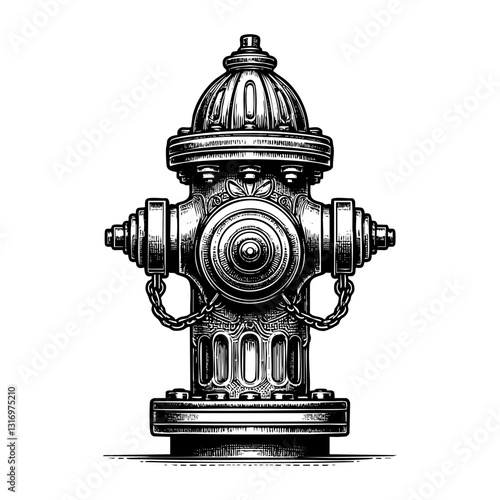 Water hydrant engraving black and white outline. Scratch board imitation.  illustrated in vintage line art style on a white background.
