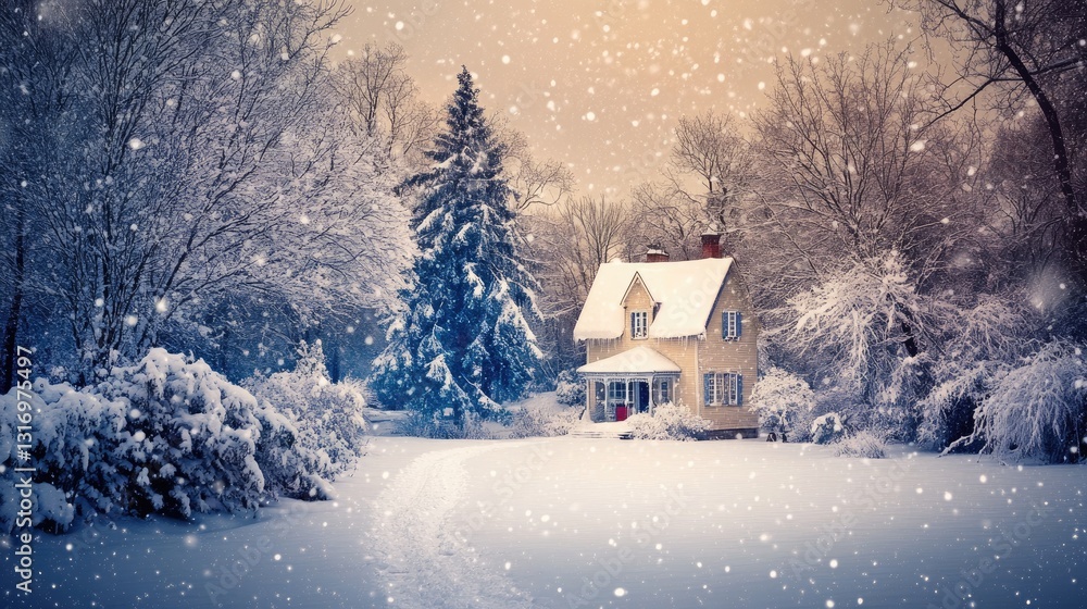 Naklejka premium Snow-covered country house in a winter wonderland setting.