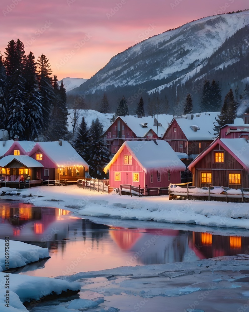 Fototapeta premium Enchanted Winter Village at Dusk