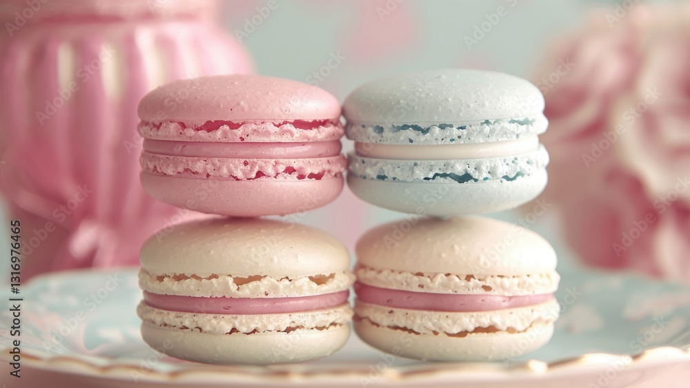 Fototapeta premium Delicate Pink and Blue Macarons Stacked on a Vintage Plate in Soft Pastel Setting