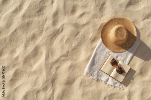 Beach towel set up for relaxation under the sun with sunglasses and a hat on sandy shore