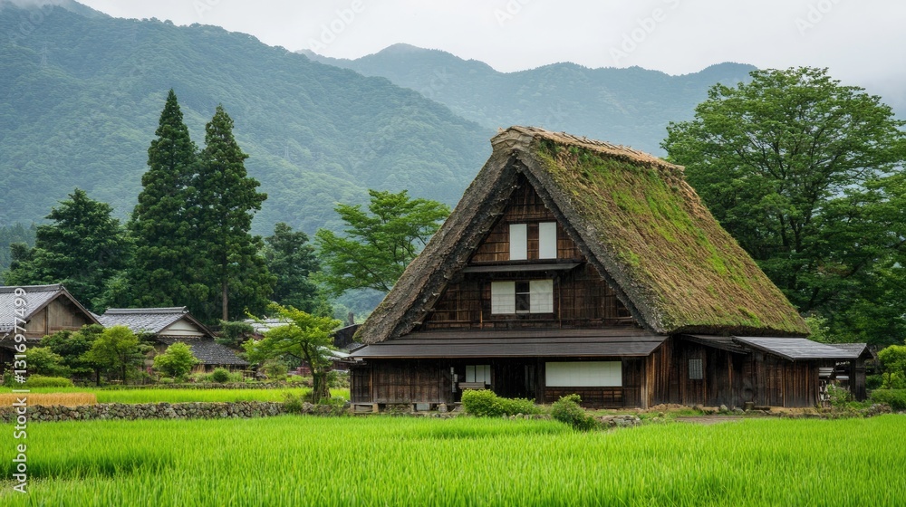 Traditional Japanese farmhouse with a steep roofline, stone walls, and a quiet rural setting. Traditional Japanese farmhouse with a steep roofline, stone walls, and a quiet rural setting.