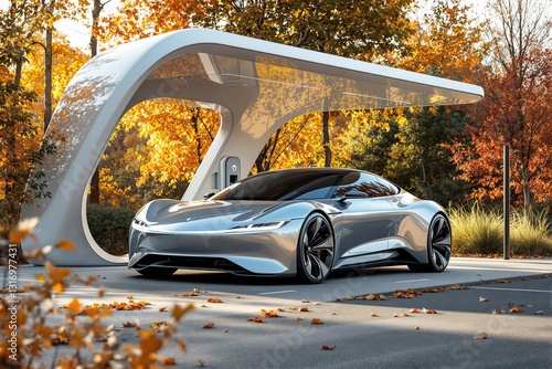 Wallpaper Mural Futuristic silver electric sports car charging at a modern station, surrounded by autumn trees with golden leaves. Torontodigital.ca