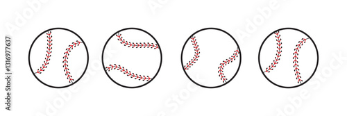Minimalist Baseball Icon Set, A collection of three baseball icons in simple line art style, representing sports, recreation, and team activities in a clean design.