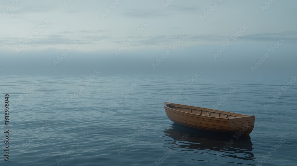 Naklejka premium Serene Boat on Calm Water Under Soft Morning Fog