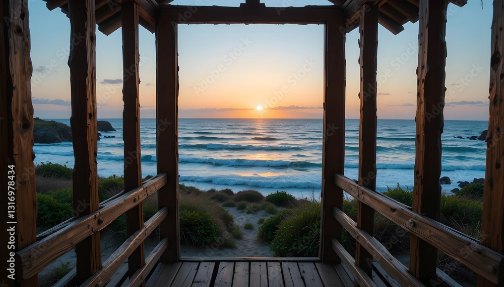 Fototapeta premium Ocean View from Wooden Hut at Sunset