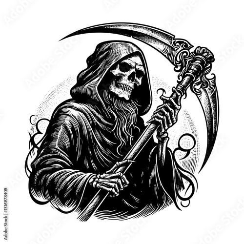 Grim reaper holding sickle sketch engraving black and white outline. Scratch board imitation.
