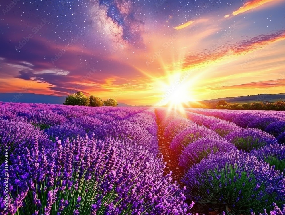 Naklejka premium Lavender under a starry night sky, the Milky Way shining brightly above
