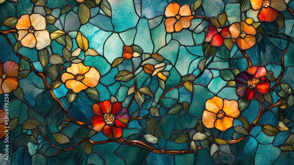 High-resolution stained glass flowering vines, delicate golden detailing, watercolor translucence, sapphire and emerald shading. High-resolution stained glass flowering vines, delicate golden detailing, watercolor translucence, sapphire and emerald shading.