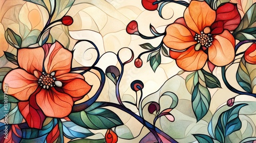 Luxurious floral motif with curling vines, Art Nouveau stained glass textures, watercolor fluidity, intricate design. 
