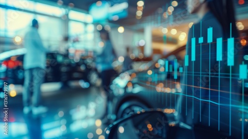 Abstract Blurred Image of a Car Dealership with a Stock Market Graph Overlay