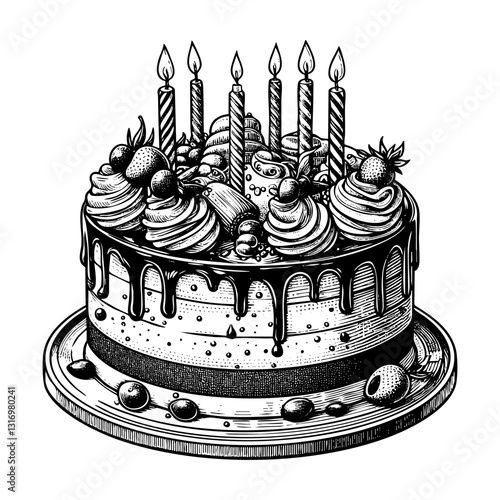 Birthday cake engraving black and white outline. Scratch board imitation.  illustrated in vintage line art style on a white background.

