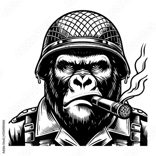 Gorilla wears retro soldier hat and smoking cigar engraving black and white outline. Scratch board imitation.  illustrated in vintage line art style on a white background.